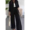 Women's Solid Color Loose Long Sleeve Shirt Elastic Waist Wide Leg Pants Casual Two Piece Outfit Set