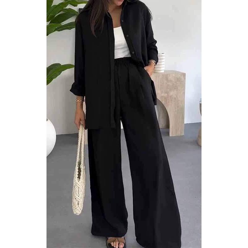 Women's Solid Color Loose Long Sleeve Shirt Elastic Waist Wide Leg Pants Casual Two Piece Outfit Set