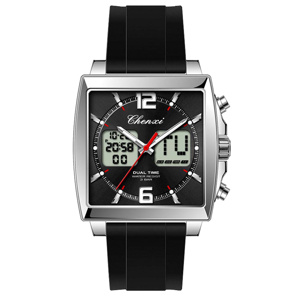 CHENXI Fashion MultiFunction Men's Quartz Watch Date Display Waterproof Silicone Strap Dual-Display Digital Men's Wristwatch