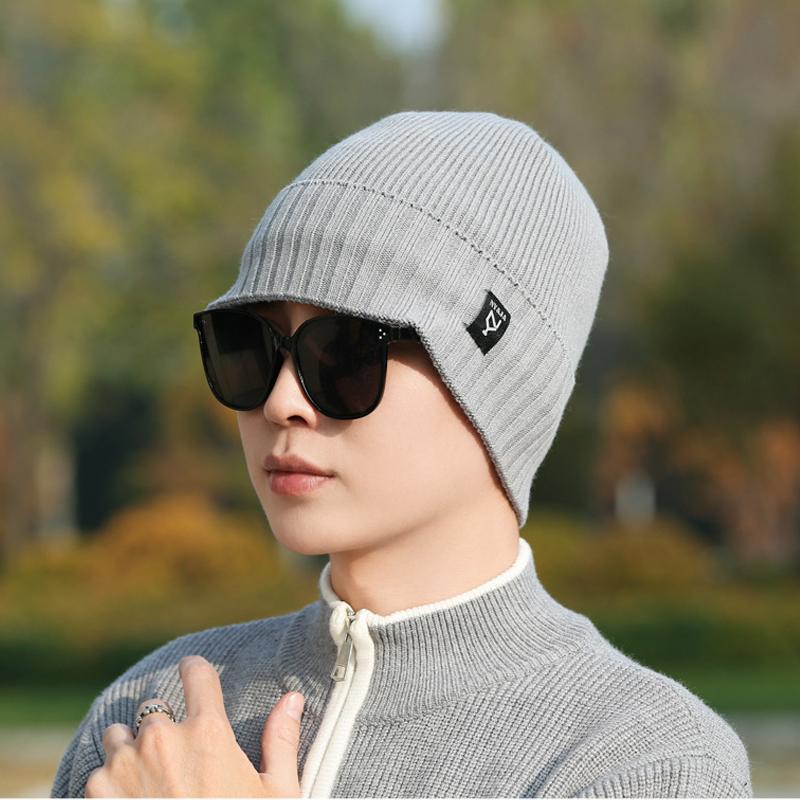 Winter Knitted Hat Men Warm Coldproof Wool Hat Cycling Fleece Thick Cotton Hat