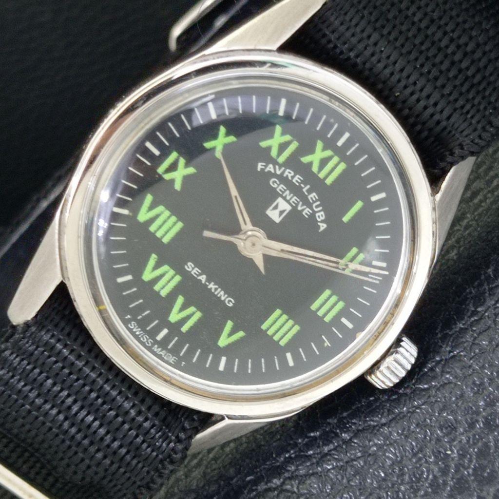 VINTAGE FAVRE LEUBA SEA KING 101 HAND-WINDING SWISS MENS BLACK WATCH A702006-5 R208-a702006