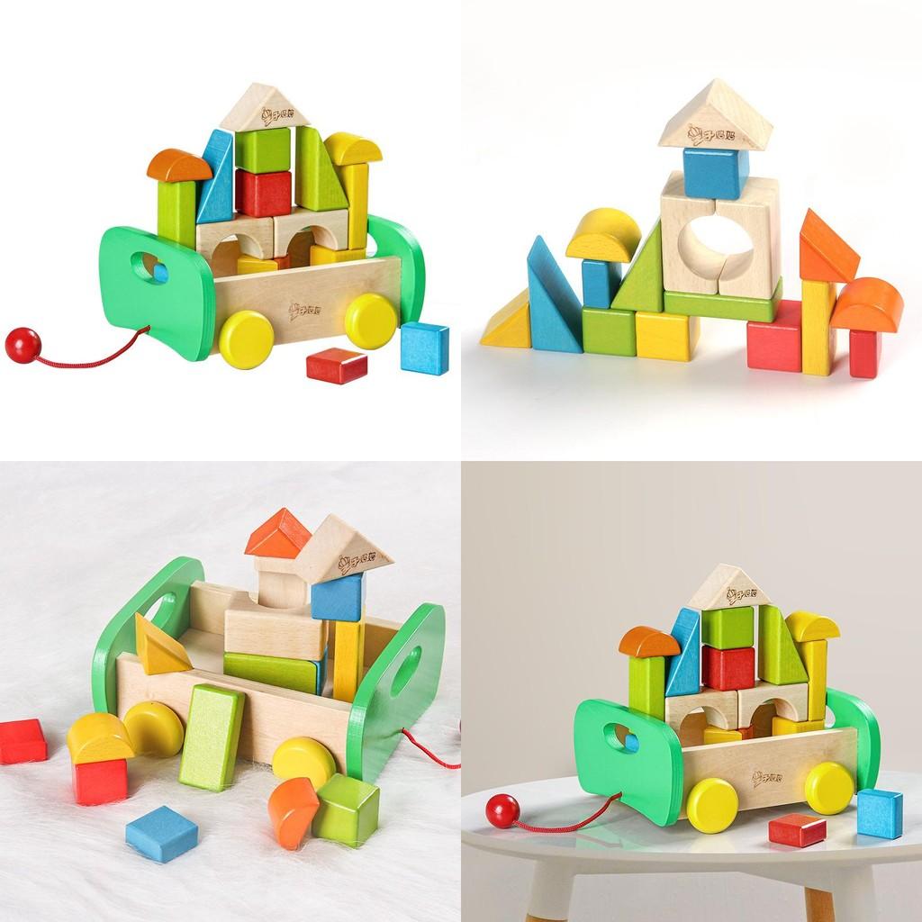 Colorful Wooden Kids Cart Toy Shape Color Recognition Toddlers Early Education