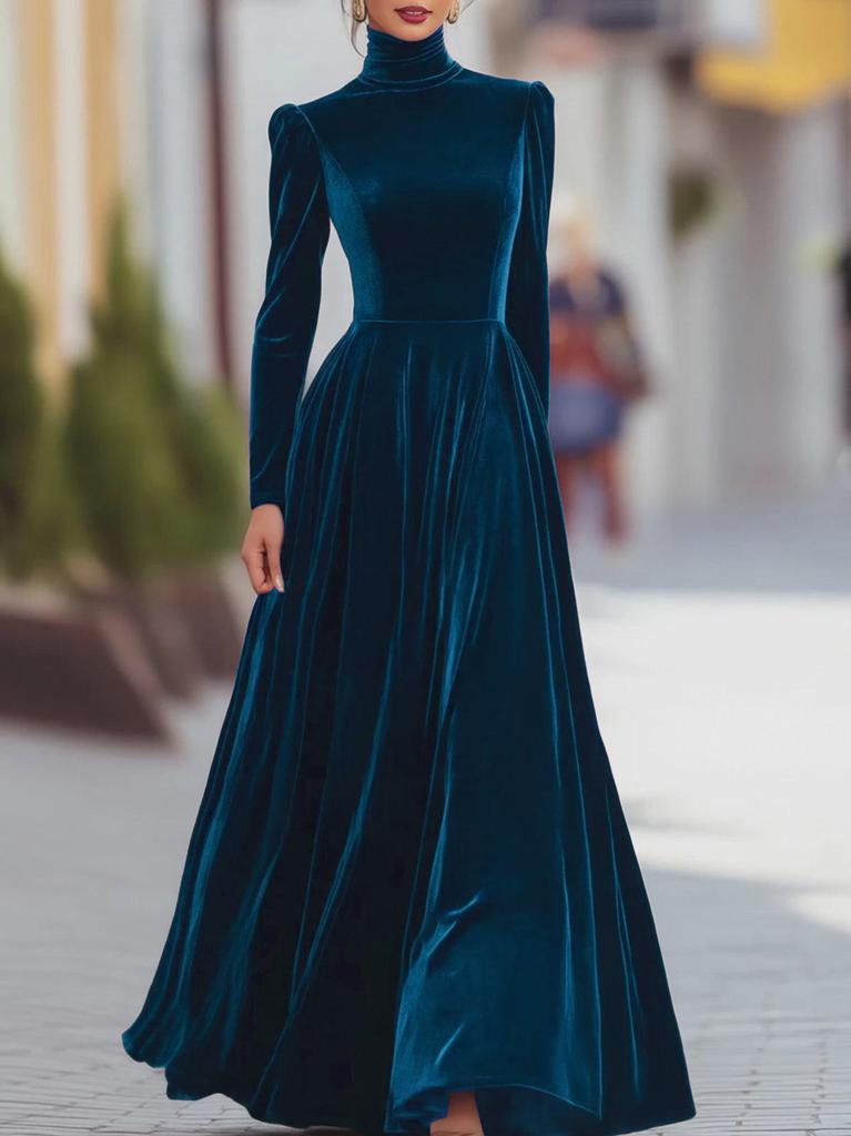 Elegant Gold Velvet High Collar Puff Sleeve Cinched Waist Long Dress for Autumn & Winter
