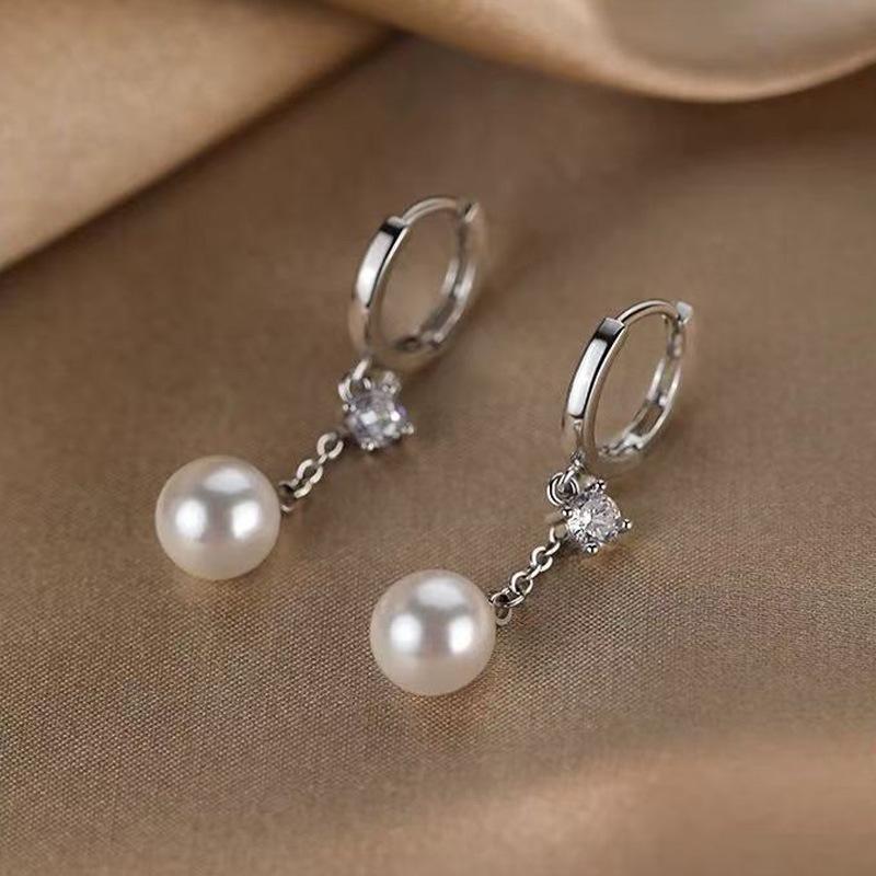 

New Simple Exquisite Zircon Pearl Tassel Hoop Earrings for Women Bride Wedding Engagement Fashion Temperament Daily Jewelry Gift