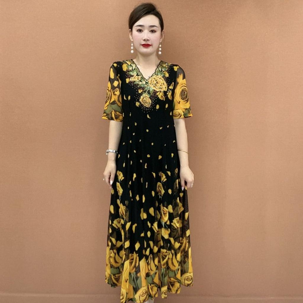 High-end Summer Women's Floral Dress Embroidered Stretch V-neck Dress Plus Size Long Dress