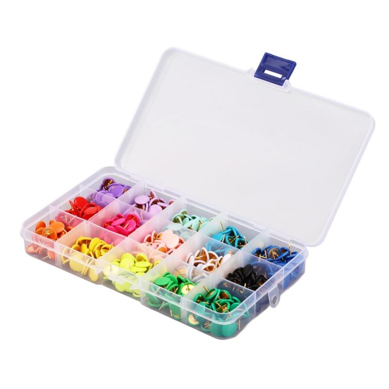 1 Box Thumb Tacks 15 Colors Colored Rubberized Flat Head Painting Decorative Tacks Push Pins With Clear Box For Corkboard