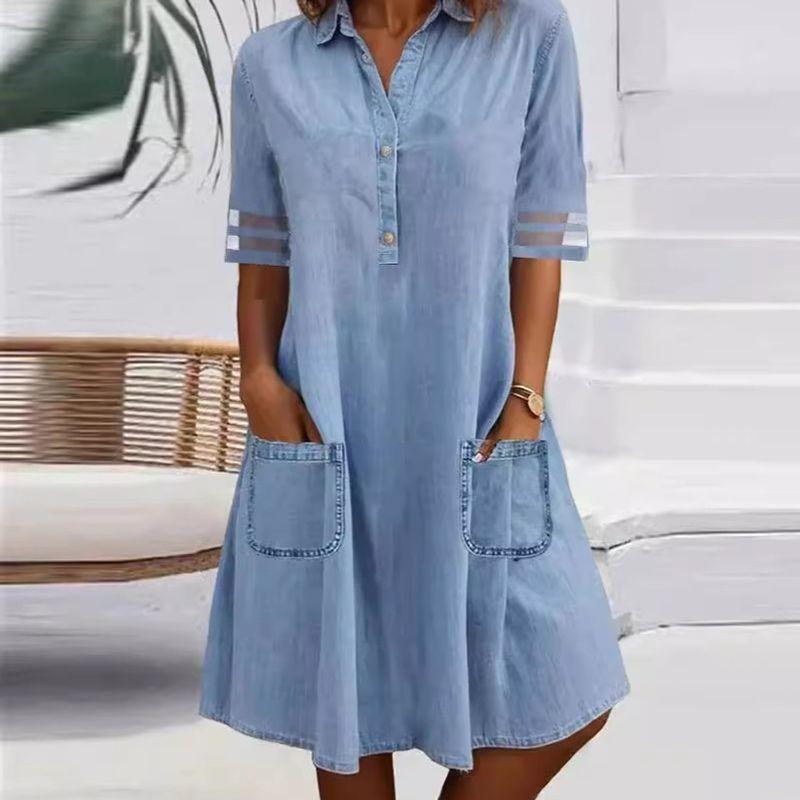 Denim Dress2025 European and American Summer New Women Cuff Mesh Patchwork All-Match Denim Short Sleeve Dress