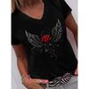 T-shirt à manches courtes pour femme avec imprimé floral et feuilles, col en V