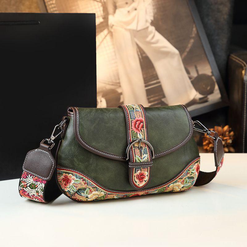 2025 New Genuine Leather Flowers Women Bag Luxury Fashion Small Saddle Bag Girls Embroidered Handbags Shoulder Crossbody Bags