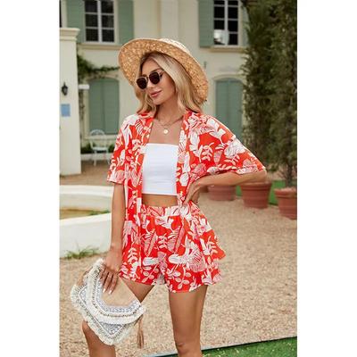 Summer Casual Shirt Two Piece Set For Women Shorts 2 Piece Sets Outfit Print  Short Sleeve Short Sets Outfits Home Sets