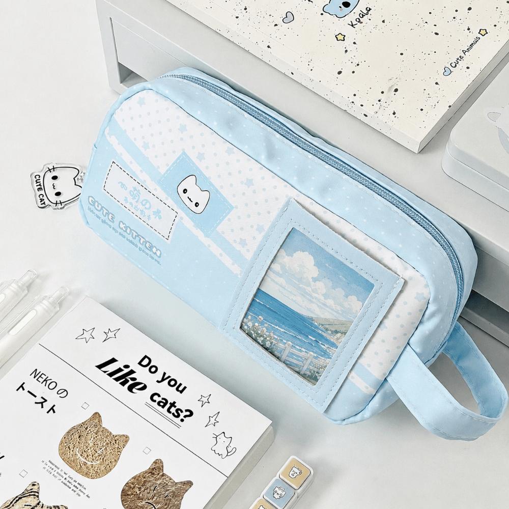 Blue Pencil Case Cute Cat Stationery Bag Kawaii Stationery Pouch  Gift