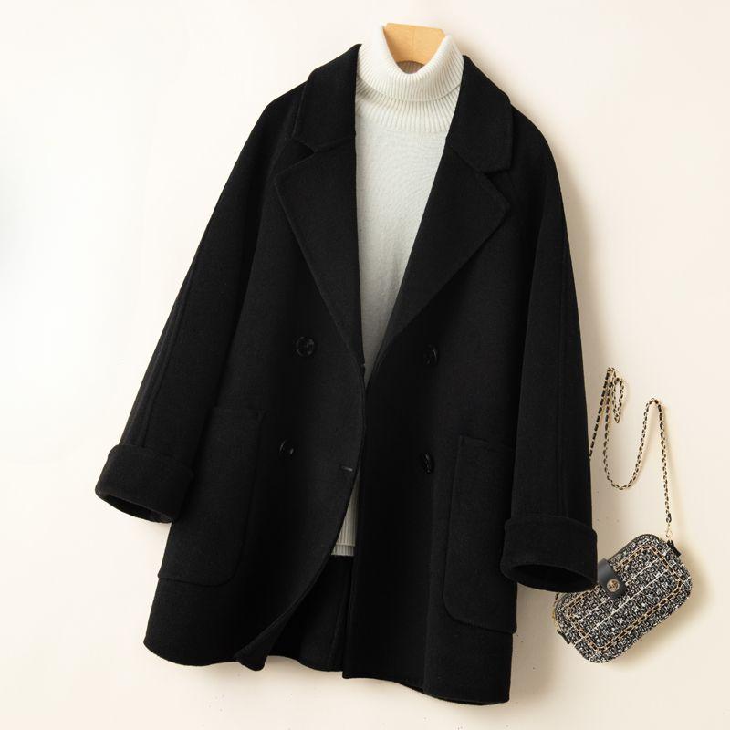 

Двустороннее кашемировое пальто женское средней длины свободное двубортное пальто большого размера из чистой шерсти S чёрный