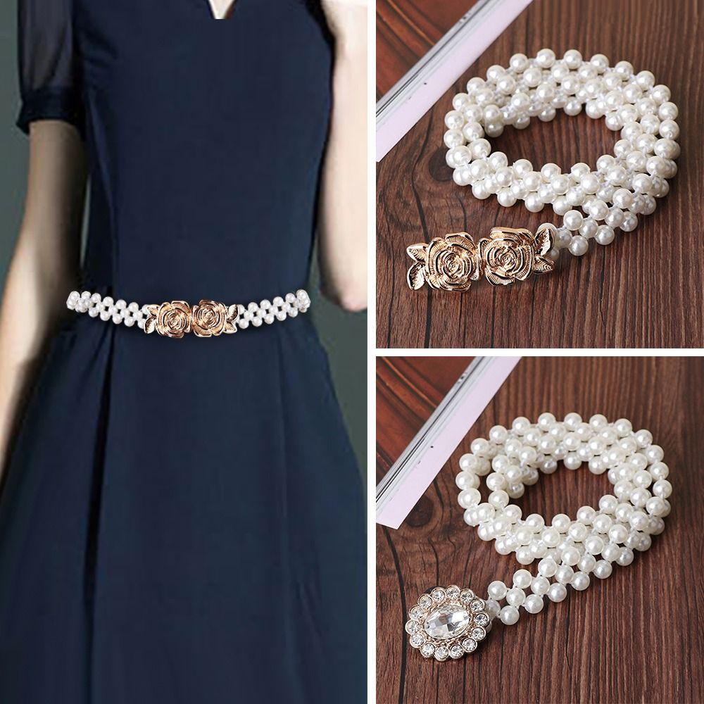 Ladies' Elastic Rhinestone Waist Chain Thin Drawstring Belt Fashion Pearl Waist Belt  For Women