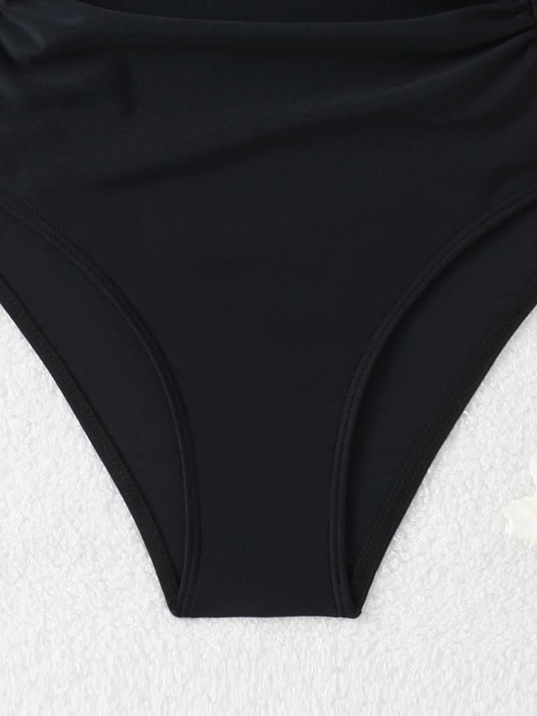 Charming Solid Color Halter Pleated Backless Tummy Control Bikini Swimsuit For Beach
