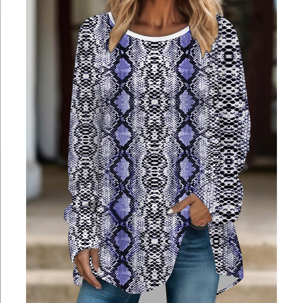 Plus Size Women Fashionable Personality  Leopard Printed Comfy Long Sleeve Round Collar T-shirt Casual Baggy Mid Length Tee Tops