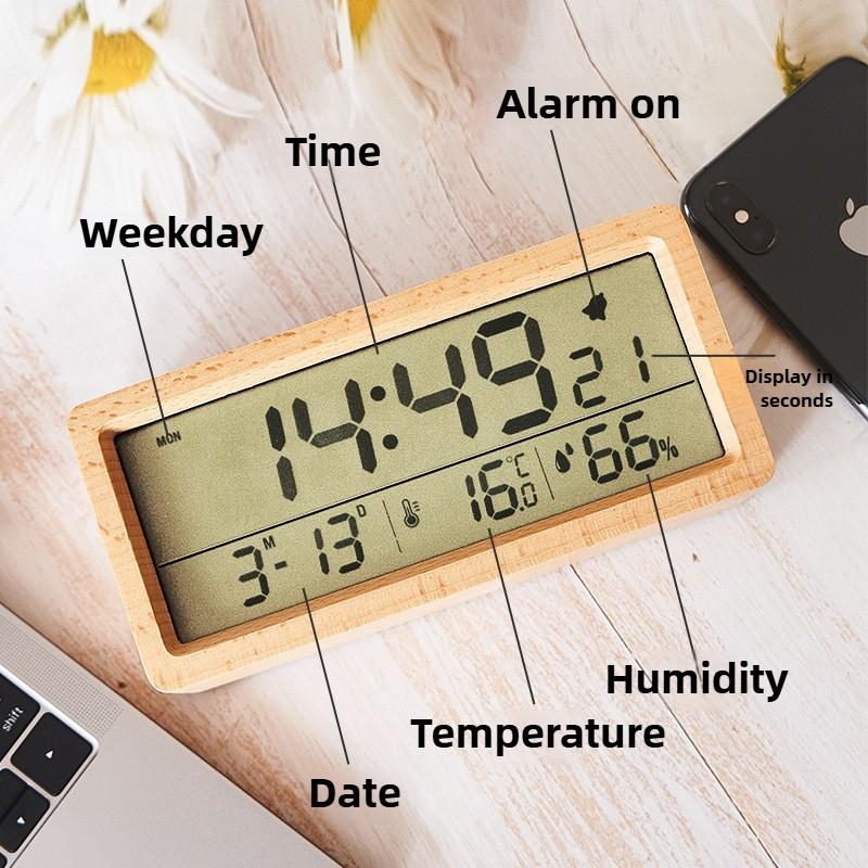 Large Screen Date Temperature LED Wooden Digital Alarm Clock Multifunctional Humidity Backlight 12/24 Hour Snooze Table Clock