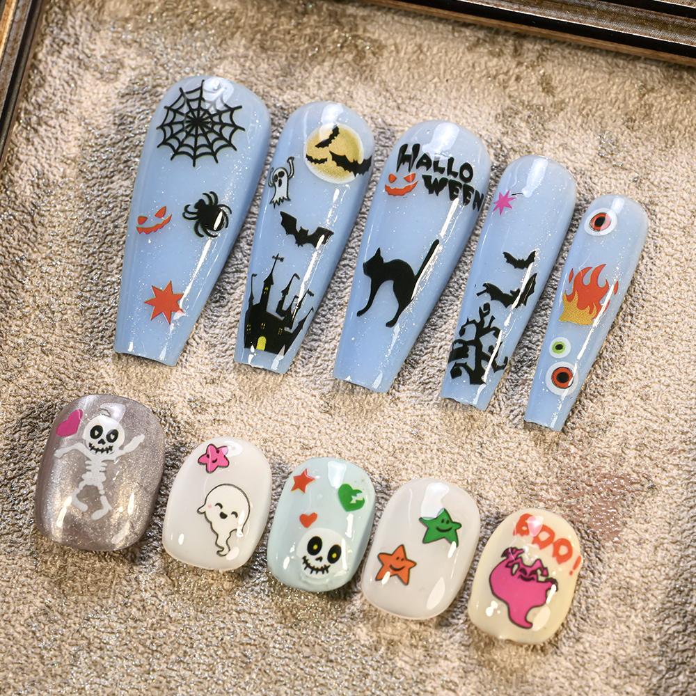 24 Sheets 3D Colorful Halloween Nail Art Stickers Self-adhesive Evil Pumpkins/bats/spiders/owls Nail Decals Y2K November1st Nail