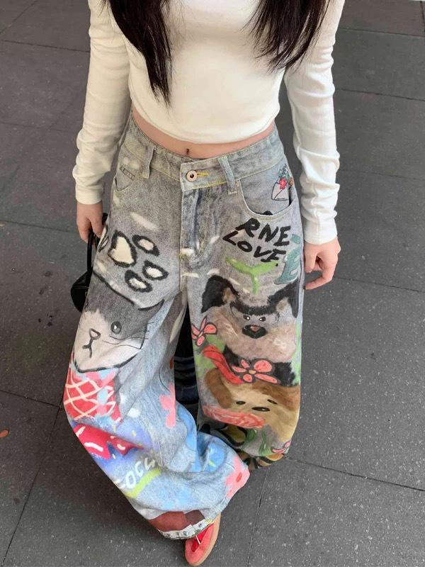 Damen American Retro Graffiti Weitbeinige Jeans