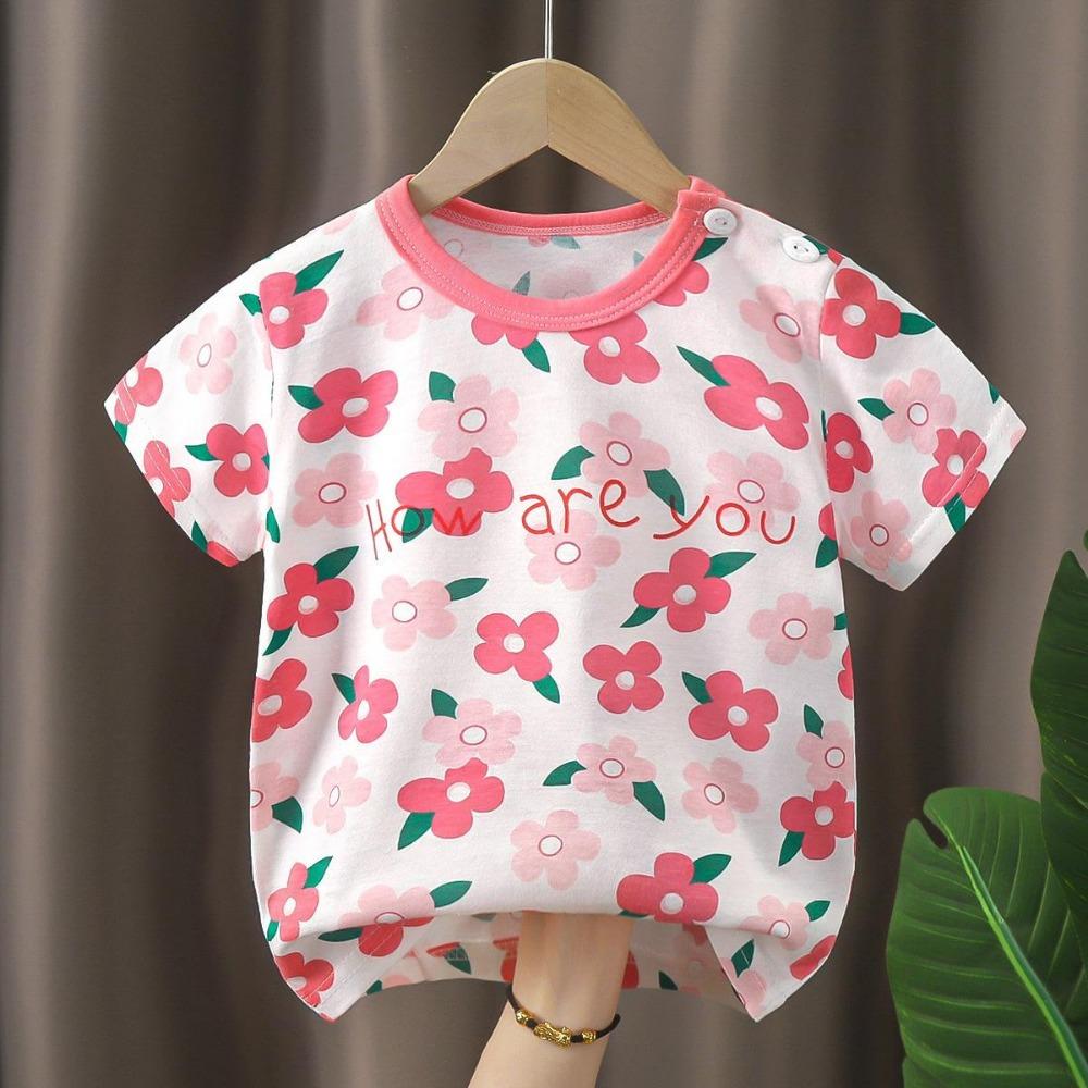 

Girls short sleeved T-shirt with color print for summer casual wear 140