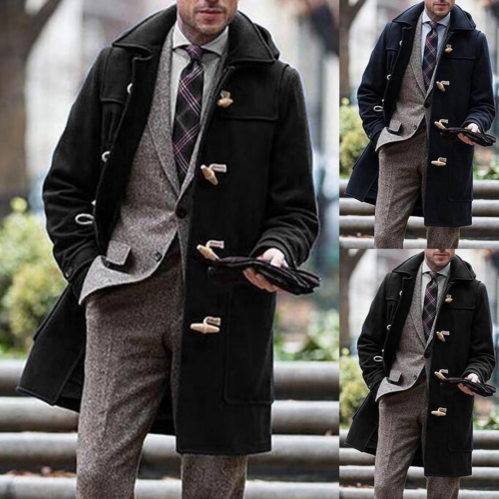 Men's Winter Lapel Thickened Ox Horn Button Coat Outdoor Warm Tweed Coat