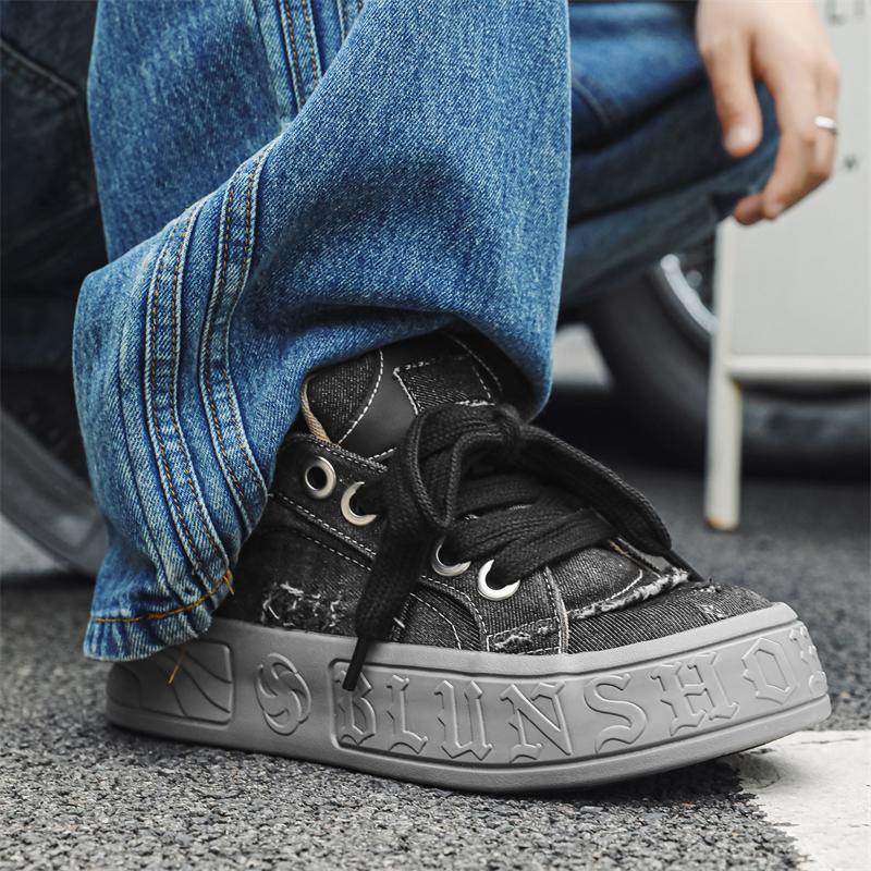 Fashion Denim board shoes Trendy men's versatile styles Design Outdoor Fashion Party Young people's height increasing shoes Black