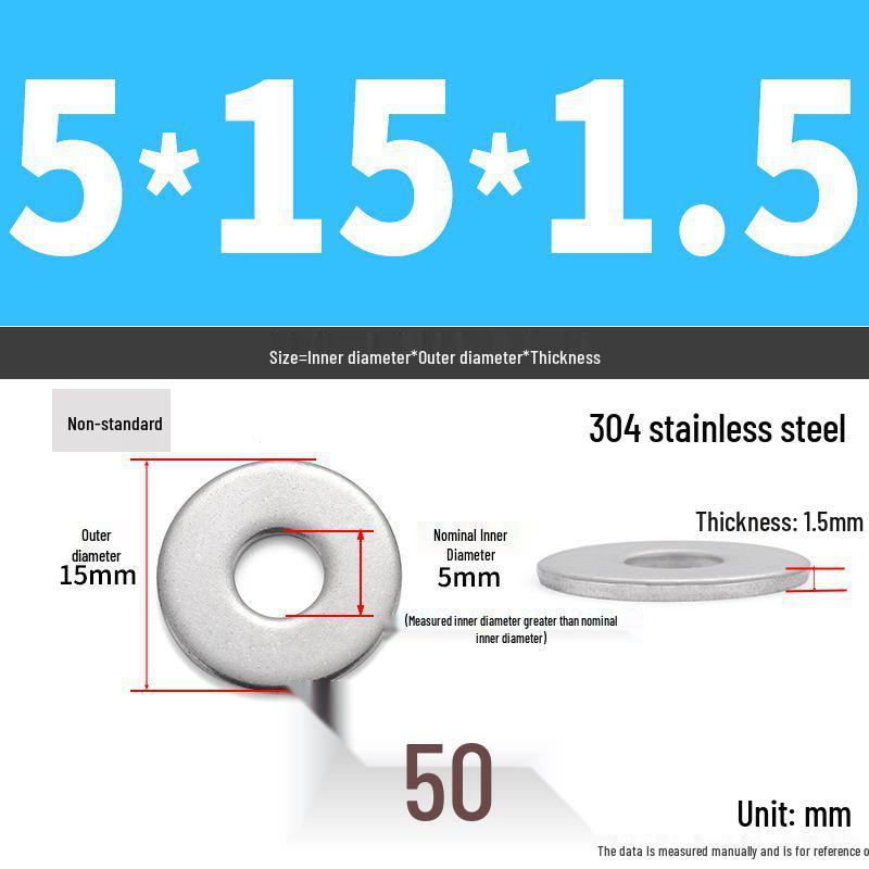 304 Stainless Steel Thickened Flat Washer Ring - Various Sizes (M1.6-M22)