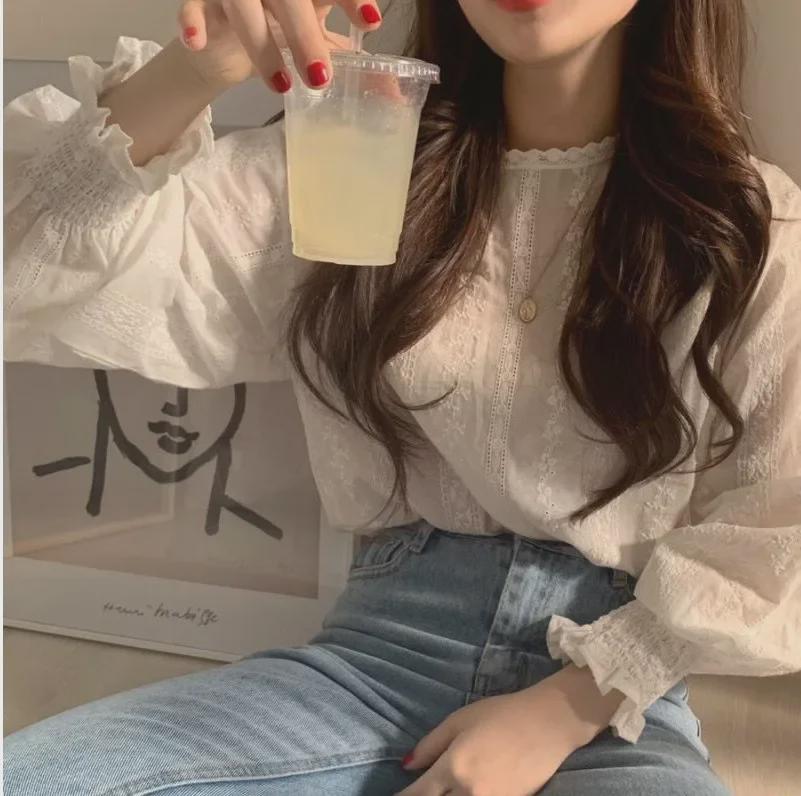 Dámský top s krajkovými rukávy v korejském stylu s laternou