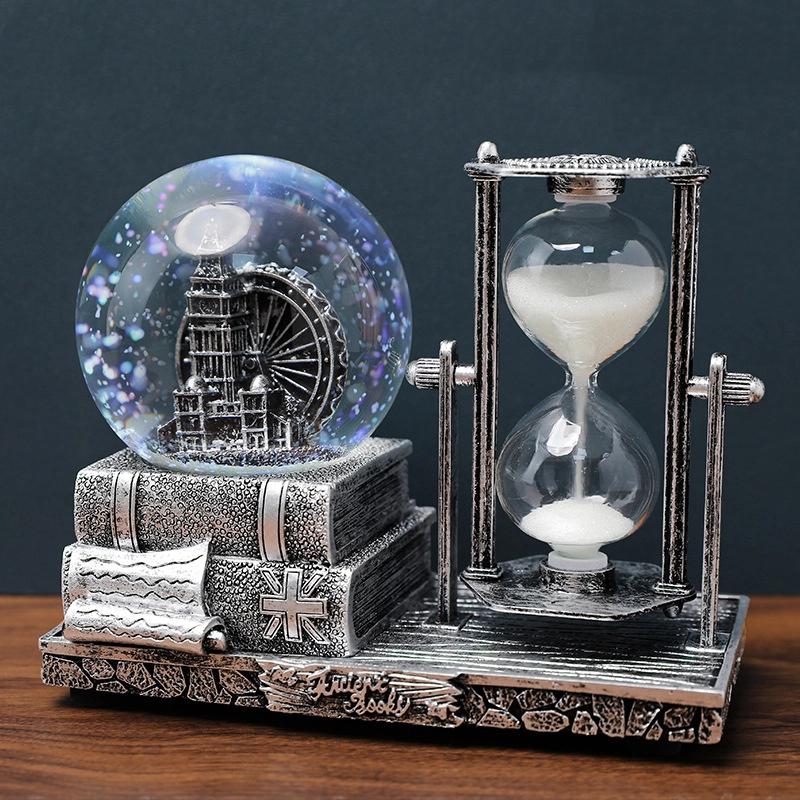 Vintage Eiffel Tower Hourglass Timer Crystal Ball Musical Box Illuminated Desk Decor 15 Minute Hourglass For Students Graduation Christmas Gift
