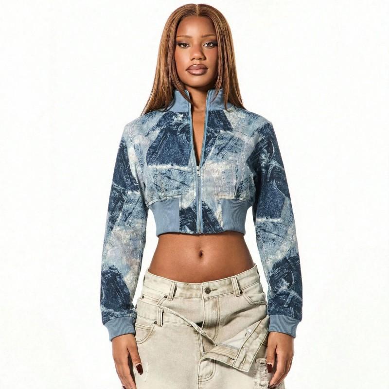 Y2K Camo Cropped Jacket Women - Stand Collar Zip Up Slim Fit Streetwear