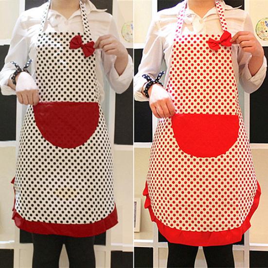 Women Cute BowKnot Dot Aprons Kitchen Restaurant Cafe Bib Cooking With Pocket