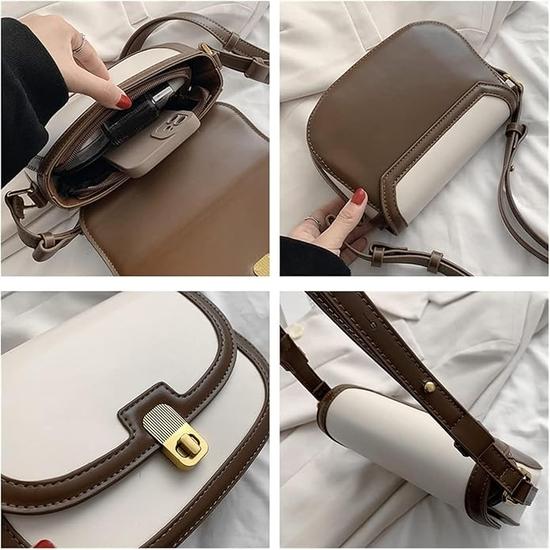 Classic Two-Tone Crossbody Sling Bag for Women Girl in Leather Beige and Brown