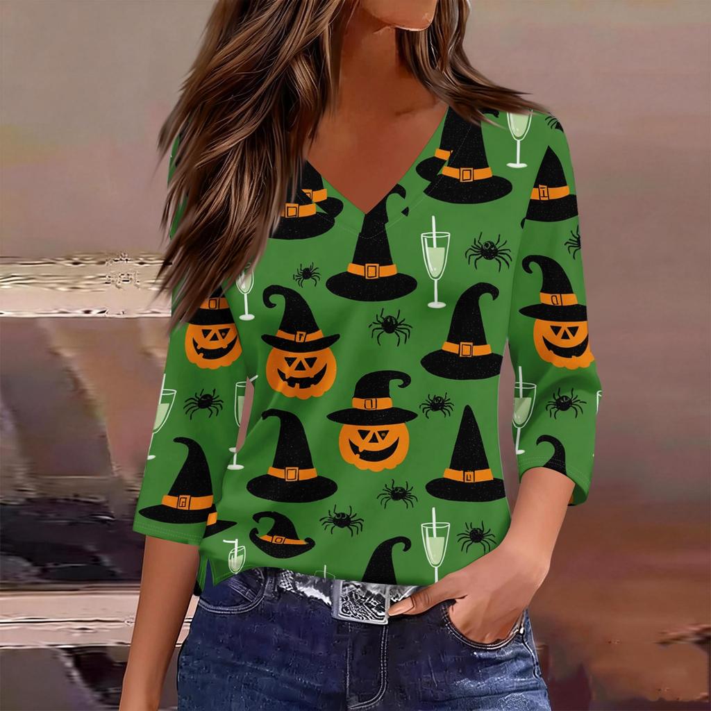 Womens Halloween Print V Neck Top Three Quarter Sleeve Casual Shirt Lightweight Soft Fabric Comfortable Fit Seasonal Style