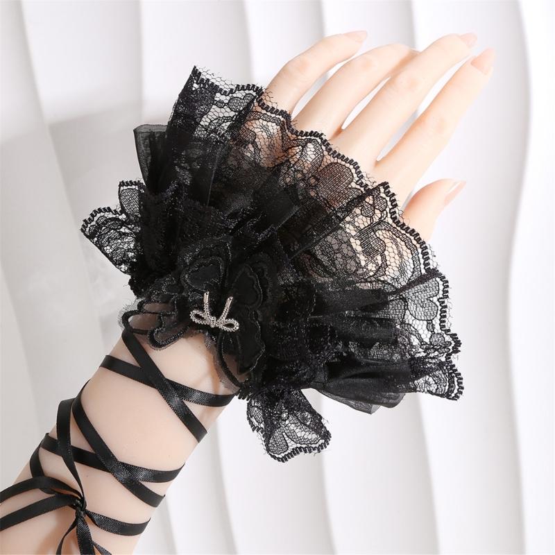 Lolitas Lace Gloves Layer Ruffle Hand Sleeves Elastic Bracelet for Halloween,Wedding,Party,Masquerade,Nightclub