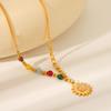 French style vintage 18K gold stainless steel sun cat's eye stone pendant necklace colorful stone titanium steel necklace