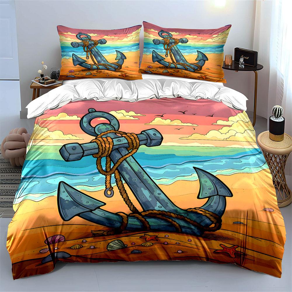 Anchor on sandy beach. Bedding sets Duvet cover sets Duvet covers Pillowcases(1*Duvet Cover 2*Pillowcases without duvet insert)
