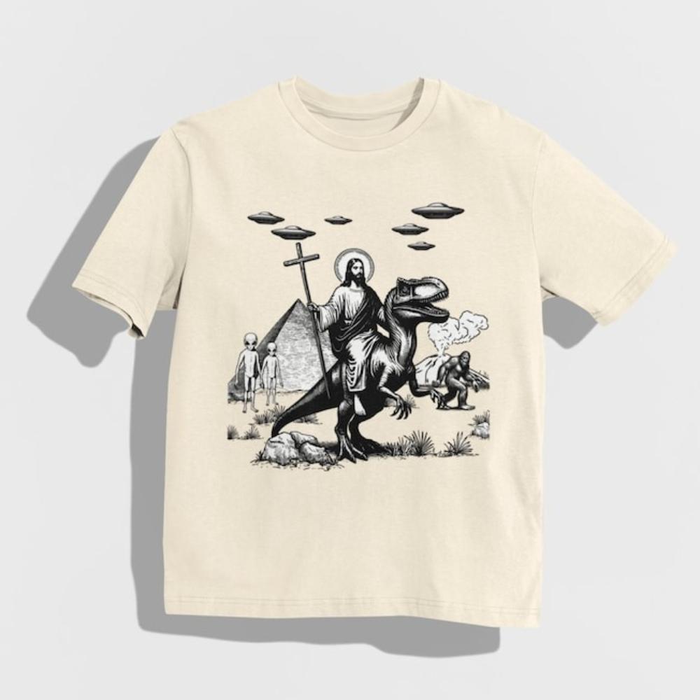 Jesus Riding Dinosaur Tshirt Funny UFO Graphic T Shirts Woman Man Offensive Cool Shortsleev Casual Outdoors Cotton Tops Tees
