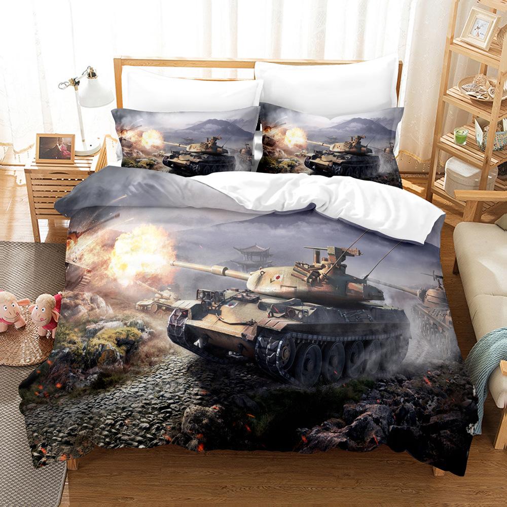 Panzer Bettbezug-Set, Bettbezug mit Spielkriegsszene für Teenager Erwachsene, Militärisches Gamer-Schlafzimmer Dekor Bettwäsche-Set