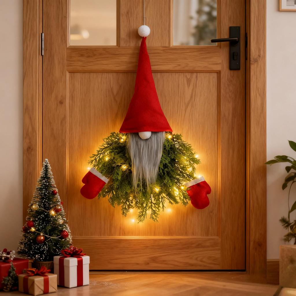 Festive Light-Up Gnome Ornament with Pine Branch for Wall & Door Décor