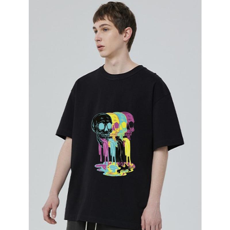 Black T Shirt with Colorful Skulls Dripping Paint Design for Casual Wear