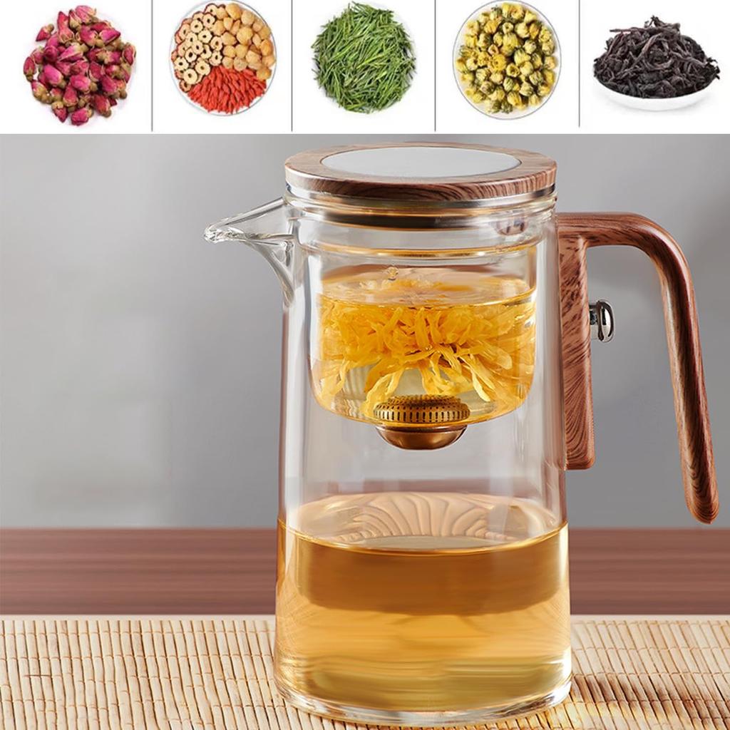 520ML / 720ML Glass Teapot Tea Pot with Infusers for Loose Leaf Tea, Magnetic Water Separation Tea Maker with Wooden Handle