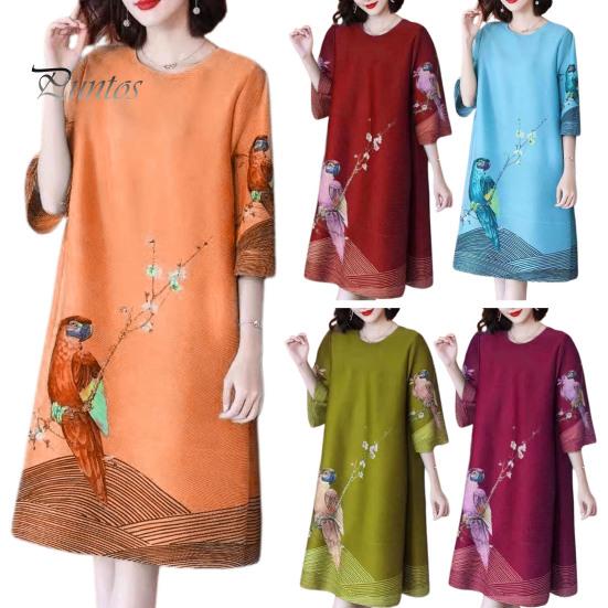 Retro Print Dress Women Summer Three Quarter Sleeves Loose Parrot Ice Printed Silk Knee Length Pullover Party Commute Office Midi O Neck