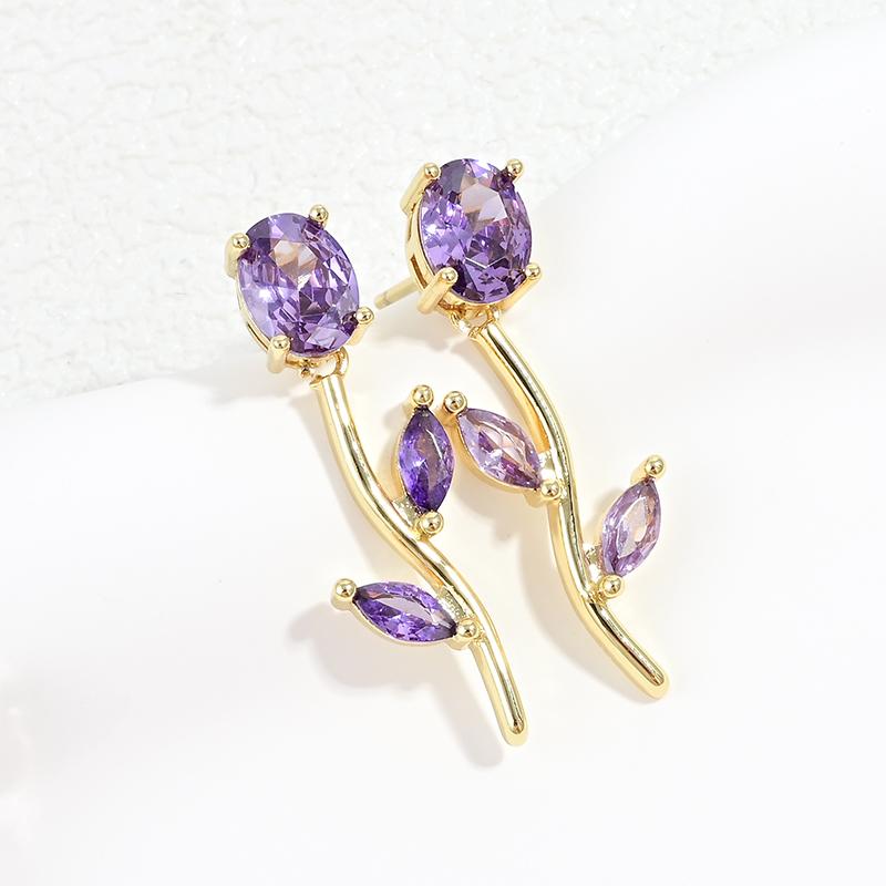 Gold Plated Tulip Stud Earrings Women Colorful Cubic Zirconia Rose Leaf Drop Earrings Minimalist Dainty Jewelry Gift:VE1824