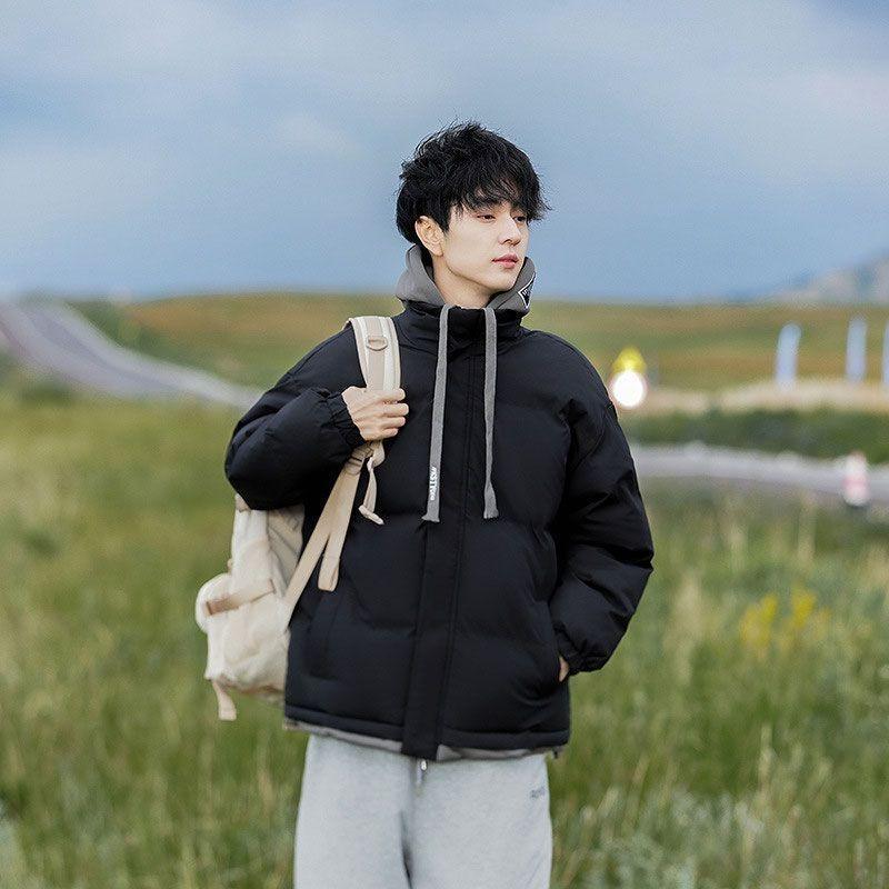 Padded-on Men's Winter New Solid-color Hooded Bread Clothes Loose Fashion Couples Fake Two-piece Padded Jacket