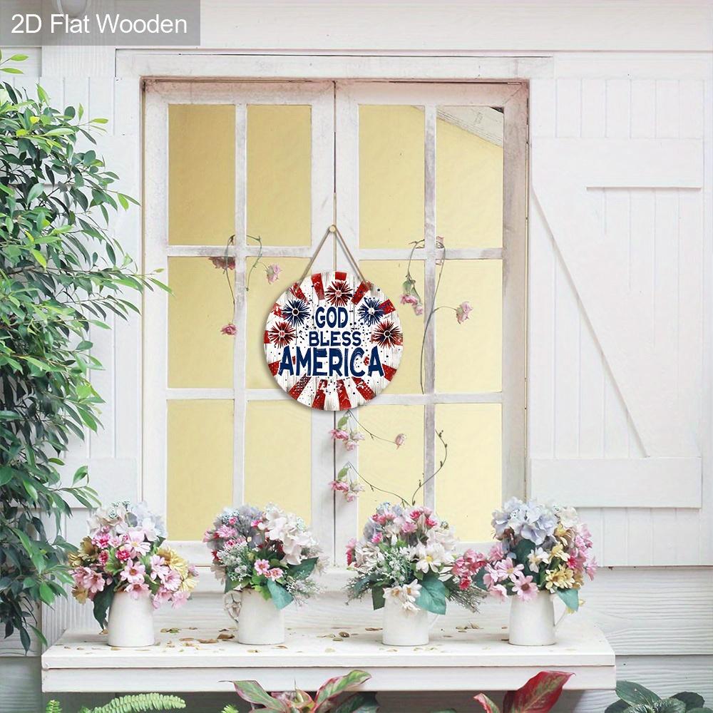 God Bless America Fireworks Wooden Sign, Patriotic 4th of July Front Door Decor, Rustic American Flag Wall Hanging