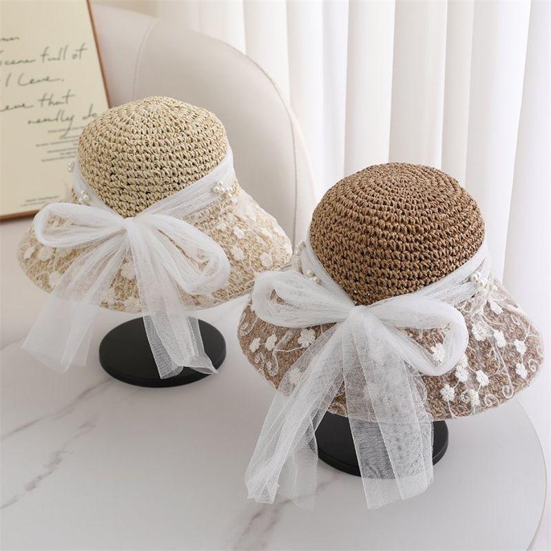 Women's French Lace Pearl Hollow Grass Sun Hat Spring Summer Floral Beach Vacation Sunshade Hat