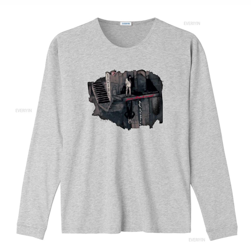 Dark Gothic Sketch Piano Stair Mirror Figure Print Streetwear Casual T Shirt vintage Washed designer clothes Versatile homme