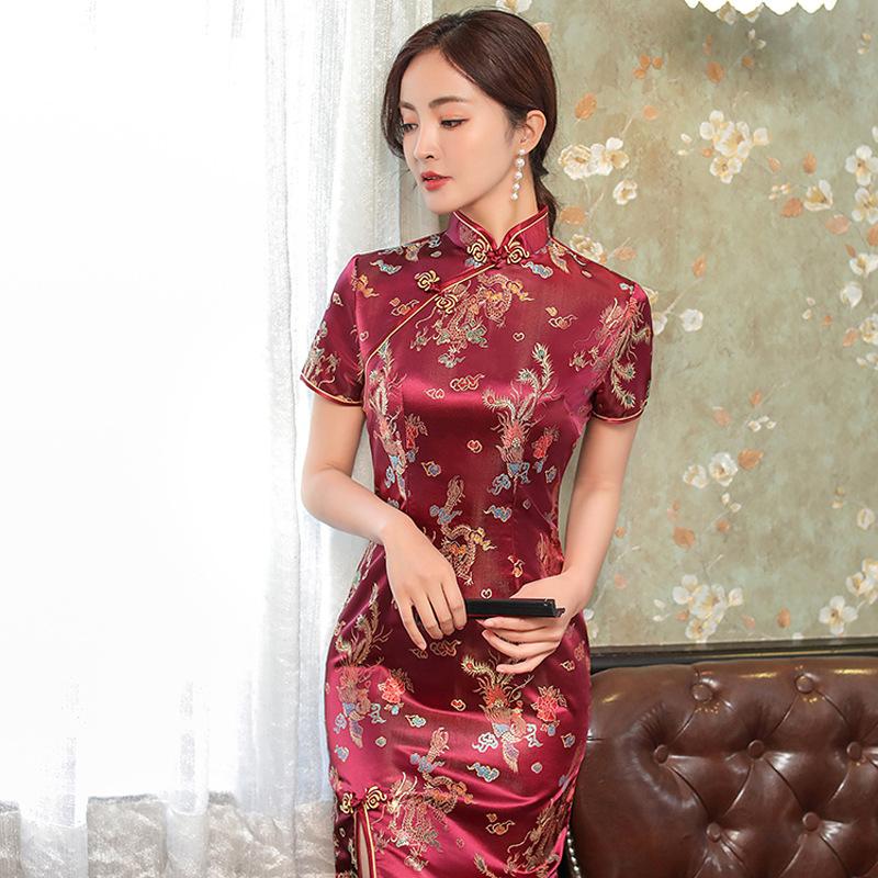 Estilo Chino Qipao Sexy Mujer Talla Grande Cheongsam Vintage Clásico Vestido Chino Dragón y Fénix Chaleco Largo Vestidos