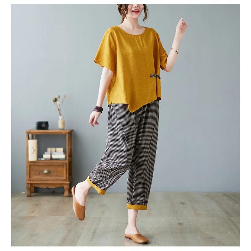 Sets Women Casual T Shirt Ankle Length Pants Summer Vintage Style Loose Pant Suits