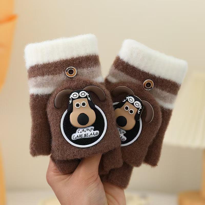 Children's gloves new autumn and winter baby cute warm thickened five-finger flip writing primary school students half-finger gloves