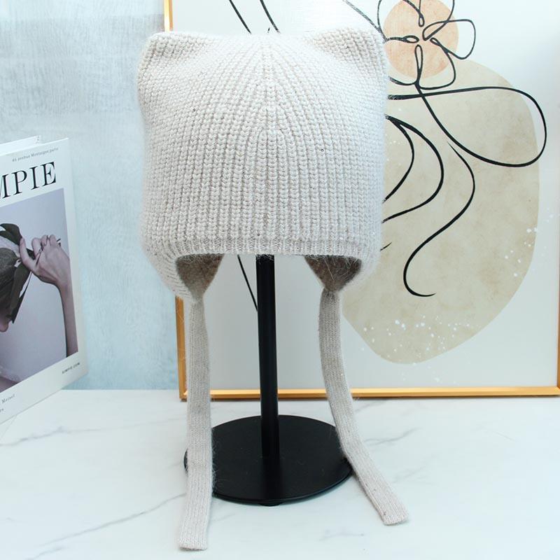 New High-quality Cute Ear Protection and Warm Cat Ears Rabbit Hair Knitted Hat Autumn and Winter Fashion Balaclava Women's Tide